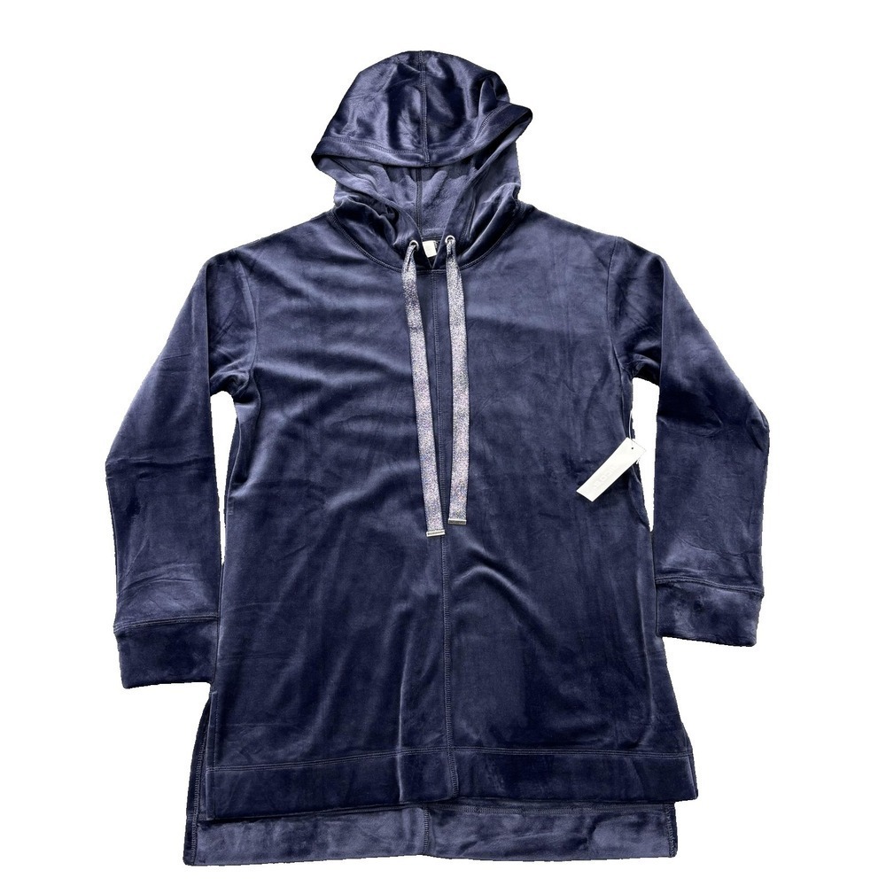 Chico's Sweater Womens 0 Classic Navy Hooded Velour Tunic Zenergy Long Sleeve